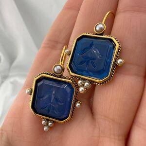 Vintage Anthropologie  Gold and Blue Earrings With Pearl Accents